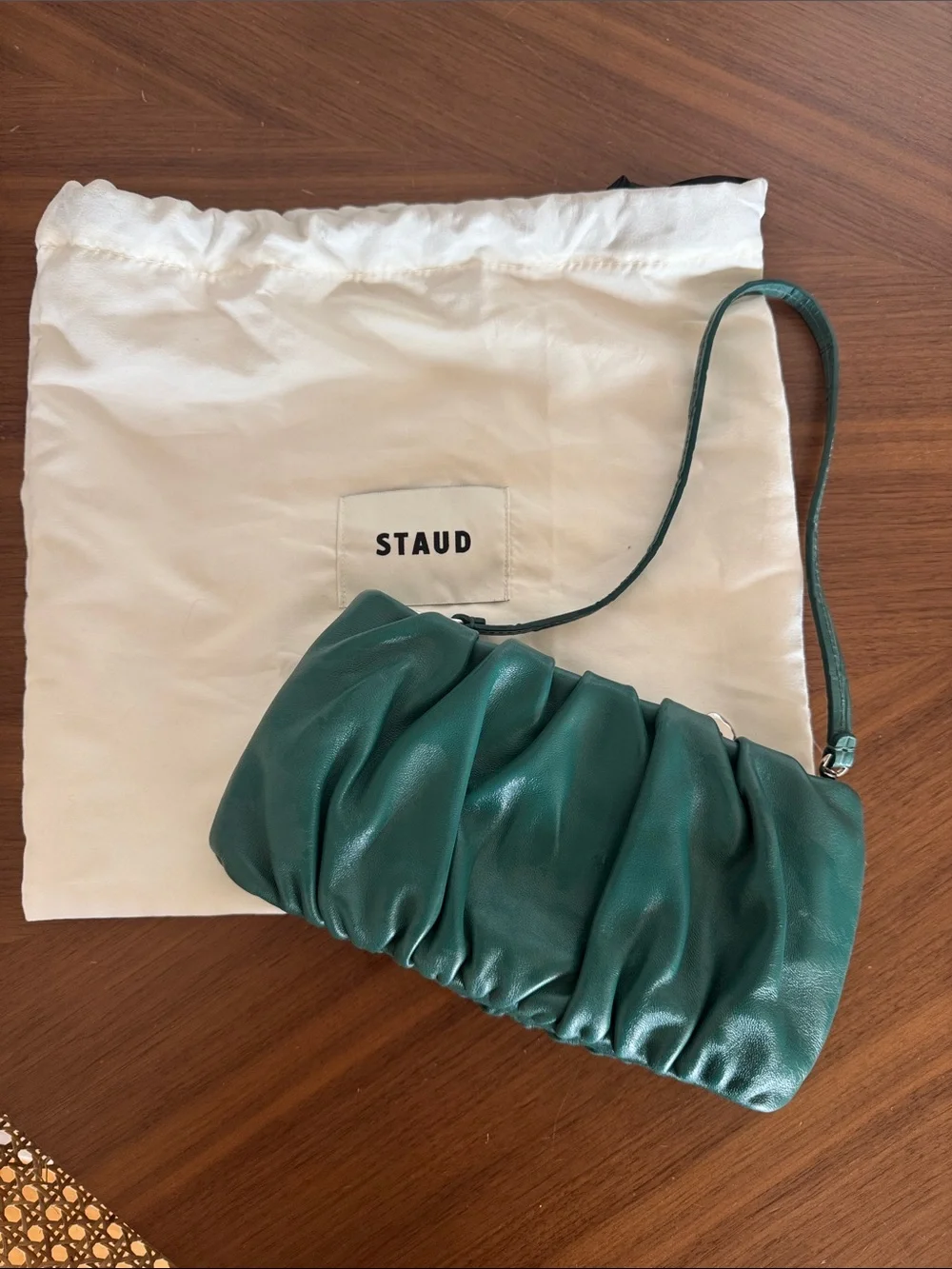 STAUD Emerald Ruched Leather Shoulder Bag